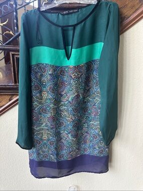 Zara Green and Teal Paisley-Panel Long-Sleeve Tunic